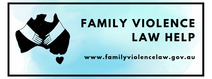 Family Violence Law Help website banner - cartoon of people holding hands in front of map of Australia