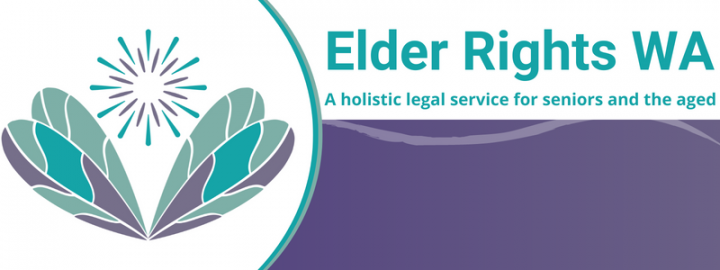 Purple and green flower icon. Green text next to image reads 'Elder Rights WA', sitting above a purple rectangle.